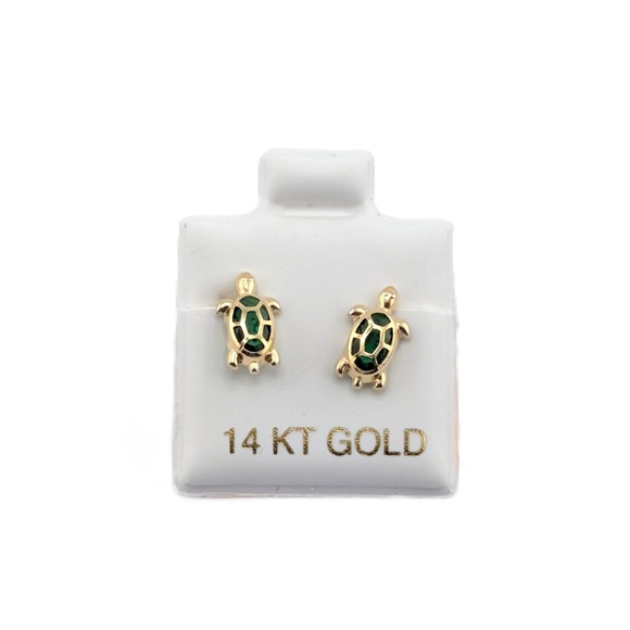 SouthWestArtisans Jewelry - 14K Yellow Gold Turtle Stud Earrings Green Cubic Zirconia Jewelry